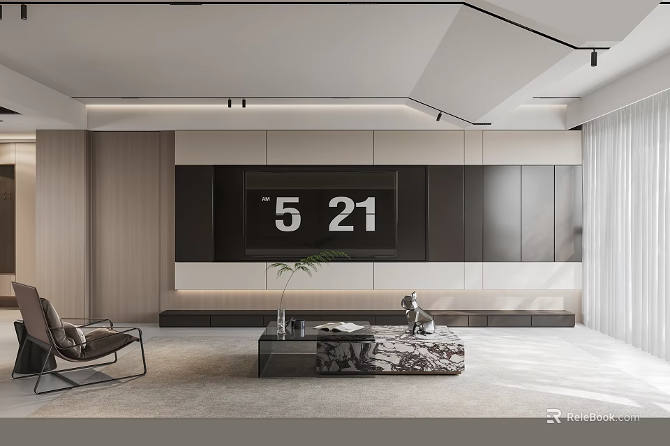 Modern Living Room Interior With Sleek TV Wall And Cabinets 3d model 