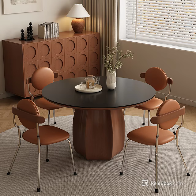 Modern Restaurant Interior Featuring Round Black Table Orange Chairs and White Vase 3d model 