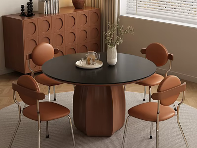 Modern Restaurant Interior Featuring Round Black Table Orange Chairs and White Vase 3d model