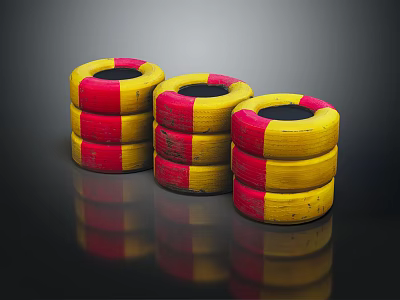 Stacked Yellow and Red Tires with Black Centers on Dark Reflective Background 3d model