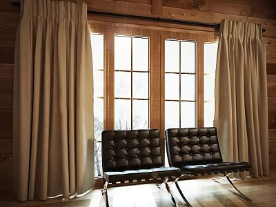 Tufted Black Leather Leisure Chairs with Metal Legs by Large Windows Wooden Walls Sunlit Room 3d model
