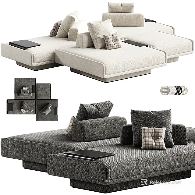 Modular Sectional Sofa With Neutral Fabric Upholstery Plaid Pillows And Tray Tables 3d model 