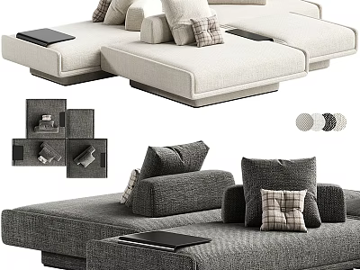 Modular Sectional Sofa With Neutral Fabric Upholstery Plaid Pillows And Tray Tables 3d model