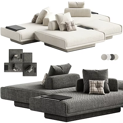 Modular Sectional Sofa With Neutral Fabric Upholstery Plaid Pillows And Tray Tables 3d model