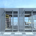 Modern Glass And Metal Modular Structure With Large Windows Shelves And Checkerboard Floor