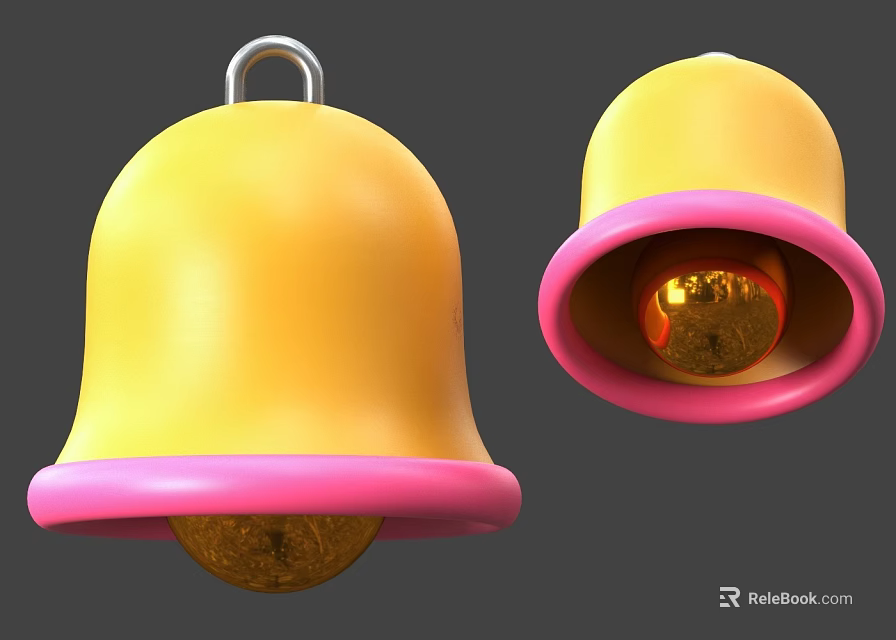 Yellow Decorative Bells with Pink Rims and Metal Loops Showing Golden Interiors 3d model 
