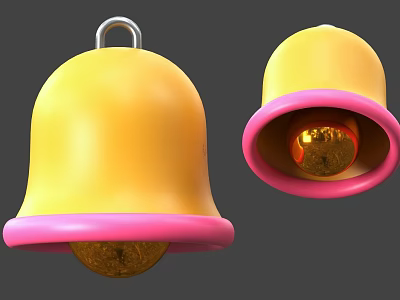 Yellow Decorative Bells with Pink Rims and Metal Loops Showing Golden Interiors 3d model