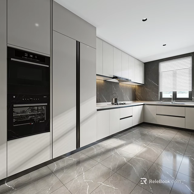 Modern Kitchen Interior With White Cabinets Black Appliances And Marble Countertop 3d model 