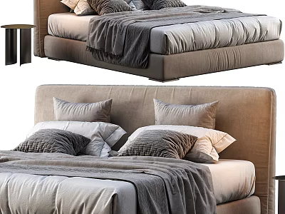 Double Bed With Upholstered Headboard Plush Pillows And Cozy Gray Blanket In Modern Design 3d model