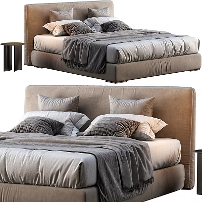 Double Bed With Upholstered Headboard Plush Pillows And Cozy Gray Blanket In Modern Design 3d model