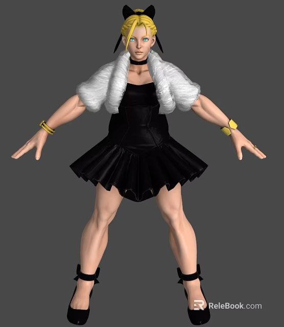 Female Warrior Character With White Fluffy Hair Black Leather Dress Yellow Bracelets And Muscular Legs 3d model 