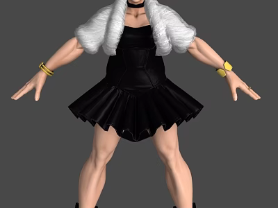 Female Warrior Character With White Fluffy Hair Black Leather Dress Yellow Bracelets And Muscular Legs 3d model