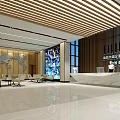 Modern Hotel Lobby Design With Wooden Ceiling Reception Desk And Large Windows