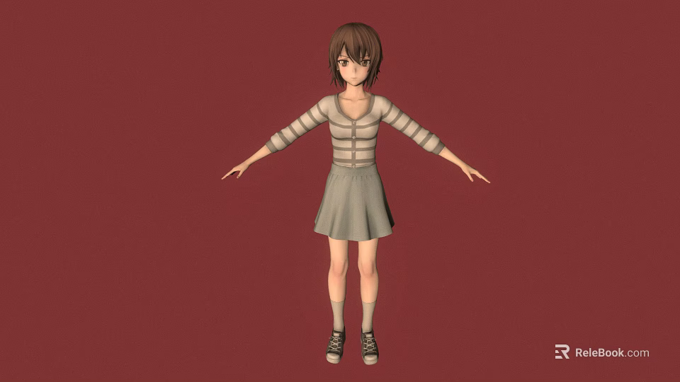 3D Girl Character With Brown Hair Striped Sweater Gray Skirt Red Background Arms Outstretched 3d model 