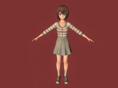 3D Girl Character With Brown Hair Striped Sweater Gray Skirt Red Background Arms Outstretched 3d model