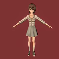 3D Girl Character With Brown Hair Striped Sweater Gray Skirt Red Background Arms Outstretched