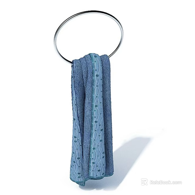Soft Blue Towel With Green Stripes Hanging On Metal Towel Ring For Bathroom 3d model 