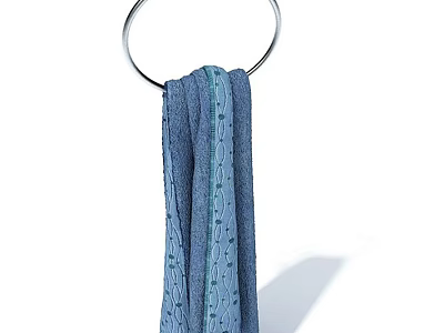 Soft Blue Towel With Green Stripes Hanging On Metal Towel Ring For Bathroom 3d model