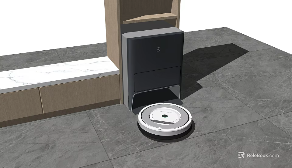 Smart Home Vacuum Cleaner With Charging Dock On Gray Tiled Floor And Wooden Cabinet 3d model 