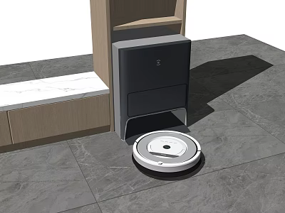 Smart Home Vacuum Cleaner With Charging Dock On Gray Tiled Floor And Wooden Cabinet 3d model