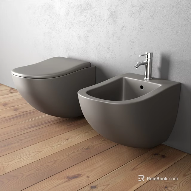 Modern Gray Wall Hung Toilet And Bidet In Bathroom With Wooden Floor 3d model 