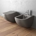 Modern Gray Wall Hung Toilet And Bidet In Bathroom With Wooden Floor