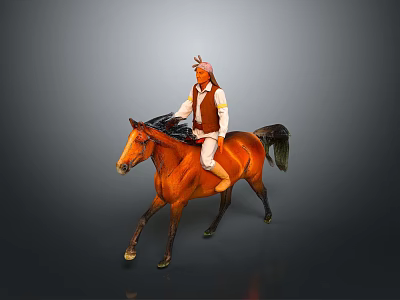 Traditional Native American Riding Figurine on Brown Horse with Feathered Headdress and Vest 3d model