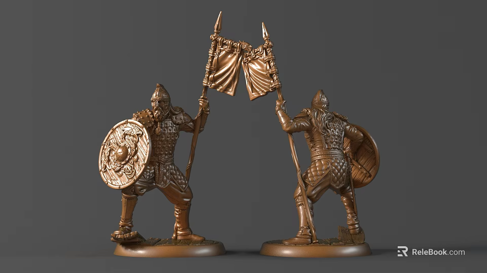 Pair of Ancient Bronze Warrior Sculptures with Detailed Armor Decorative Shield and Raised Flag 3d model 