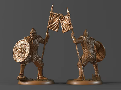 Pair of Ancient Bronze Warrior Sculptures with Detailed Armor Decorative Shield and Raised Flag 3d model