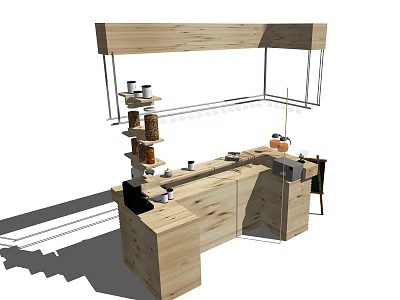 Wooden Reception Desk With Counter And Shelves Holding Containers And Decor Items 3d model