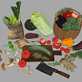 Fresh Assorted Vegetables in Wicker Basket and Paper Bag on Wooden Cutting Board with Knife