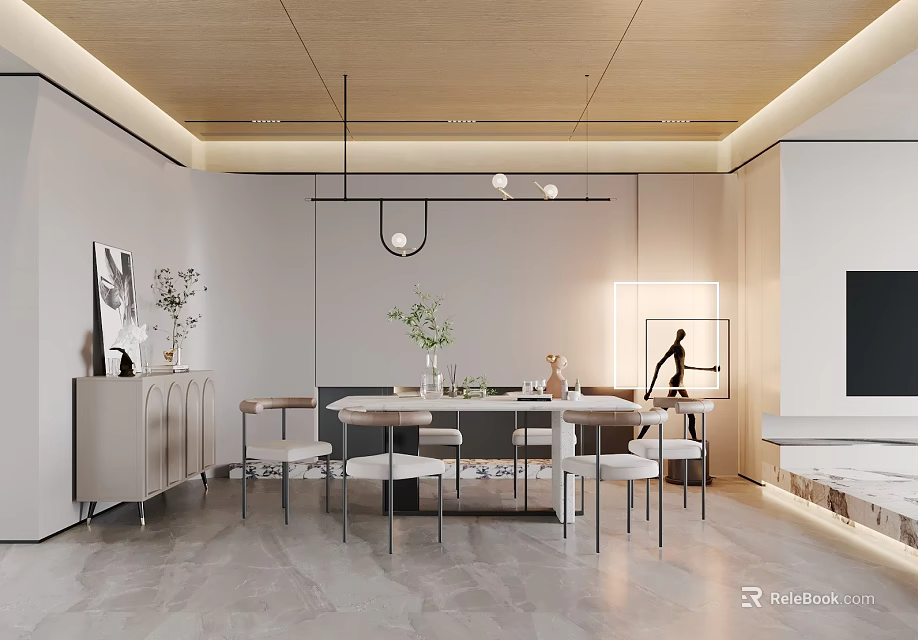 Modern Dining Room Interior With White Table Metal Chairs Wooden Ceiling Pendant Lights And Greenery 3d model 