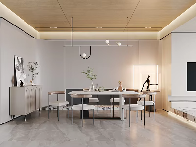 Modern Dining Room Interior With White Table Metal Chairs Wooden Ceiling Pendant Lights And Greenery 3d model