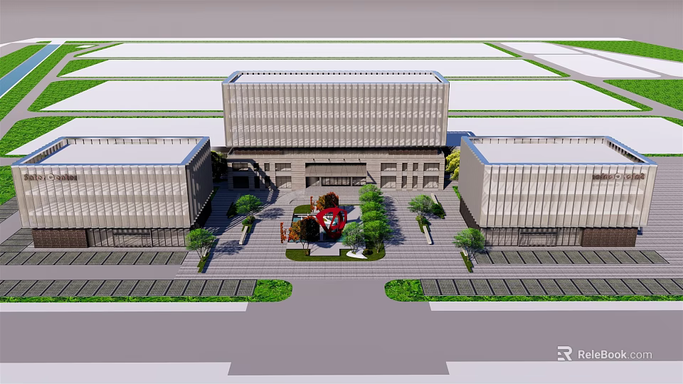 Modern Office Building Complex With Central Courtyard And Landscaped Garden Design 3d model 