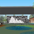 Modern Sales Office Building With Curved Roof Glass Facade Bamboo Plants Water Pool And Lawn