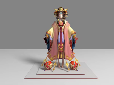 Elegant Traditional Game Movie Character With Intricate Headdress Colorful Robe And Red Spherical Ornaments 3d model