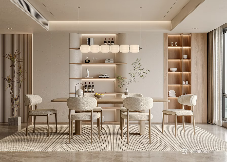 Modern Dining Room Interior With Wooden Dining Table Beige Chairs Pendant Lights And Open Shelves 3d model 