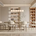 Modern Dining Room Interior With Wooden Dining Table Beige Chairs Pendant Lights And Open Shelves