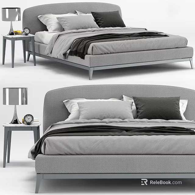 Modern Gray Double Bed With Nightstand Lamp Alarm Clock And Bedding 3d model