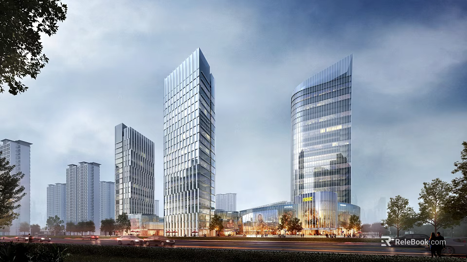 Modern High Rise Office Towers With Glass Curtain Walls And Landscaped Surroundings 3d model 