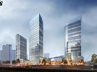 Modern High Rise Office Towers With Glass Curtain Walls And Landscaped Surroundings 3d model