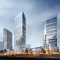 Modern High Rise Office Towers With Glass Curtain Walls And Landscaped Surroundings