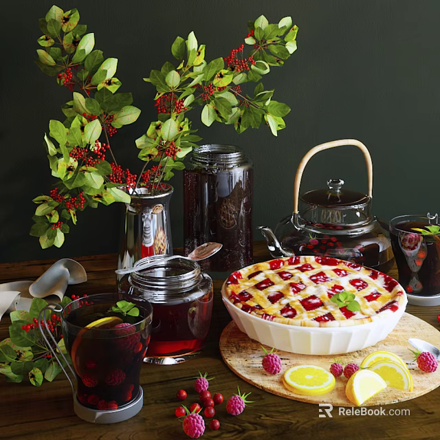 Homemade Fruit Pie Display With Teapot Cups Jars Fresh Berries And Lemon Slices 3d model 