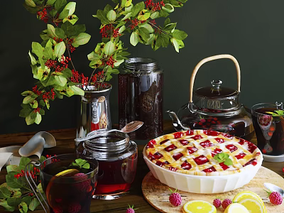 Homemade Fruit Pie Display With Teapot Cups Jars Fresh Berries And Lemon Slices 3d model