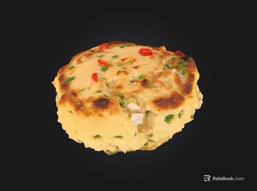 Golden Savory Pancake With Fresh Cilantro Red Chili Flakes And Green Onions 3d model 