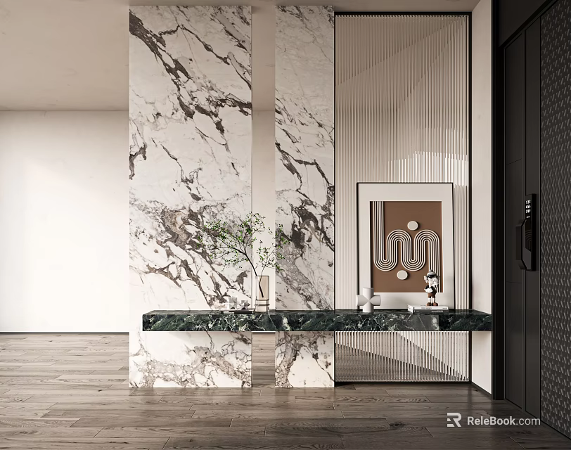 Elegant Marble Partition In Entrance With Green Countertop Plants And Wooden Floor 3d model 