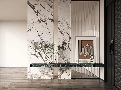 Elegant Marble Partition In Entrance With Green Countertop Plants And Wooden Floor 3d model