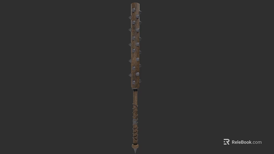 Wooden Spiked Mace Weapon Featuring Metal Spikes And Carved Handle Design 3d model 