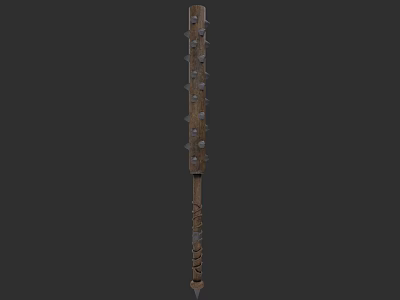 Wooden Spiked Mace Weapon Featuring Metal Spikes And Carved Handle Design 3d model
