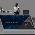 Modern Exhibition Reception Desk With Flower Vase Laptop Electronic Display And Staff Member Standing